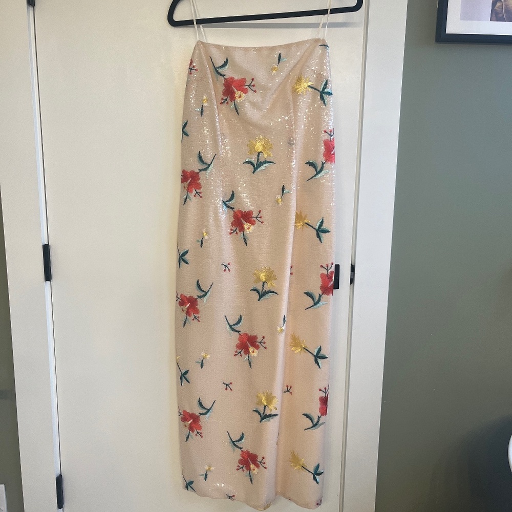 Sarah Seven Mia Blush Sequin Slip Dress with Floral Embroidery